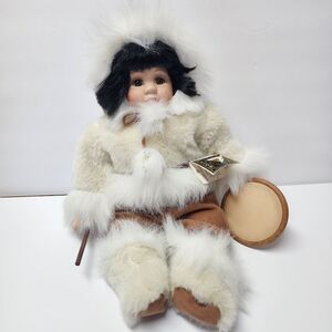 Vintage Artic Kids Alaskan Eskimo Sitting Porcelain Doll With Drum 10"